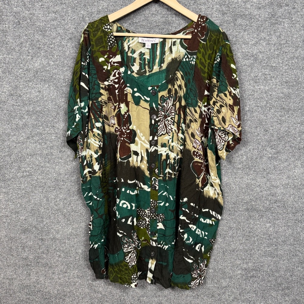 Roamans Womens Plus Size 20W Blouse Green‎ Floral Button Up Lightweight Vacation